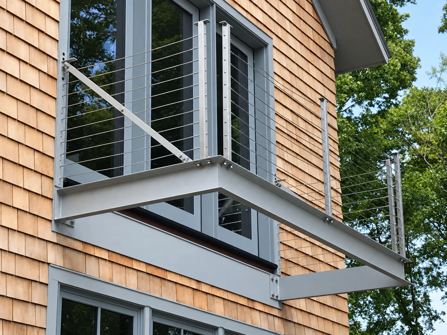 Exterior cable railing and metal posts at a balcony